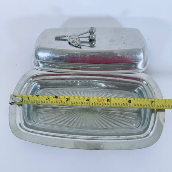 MCM Silver Plated Butter Dish w/Glass butter Tray Pewter Berry & Leaf Handle VTG - Picture 9 of 16